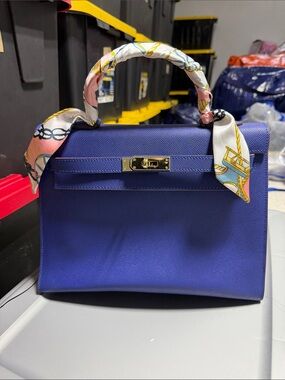 Elegant Blue Top-Handle Women's Bag with Scarf Accent